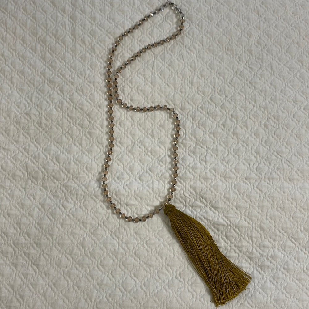 Long length beaded neutral large tassel necklace gold and silver statement boho